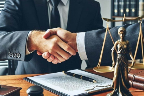 Two professionals shaking hands over legal documents and a statue of Lady Justice